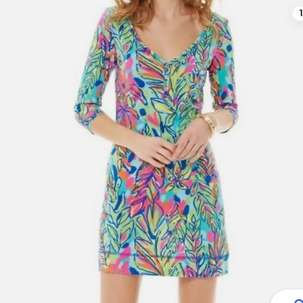 LILLY PULITZER Palmetto Dress Pink ¾” Sleeve Knee Length Button Pocket